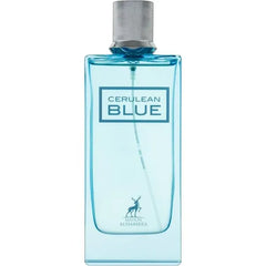 Lichtblauwe parfumfles met etiket Cerulean Blue en hertlogo van Hambra EDP