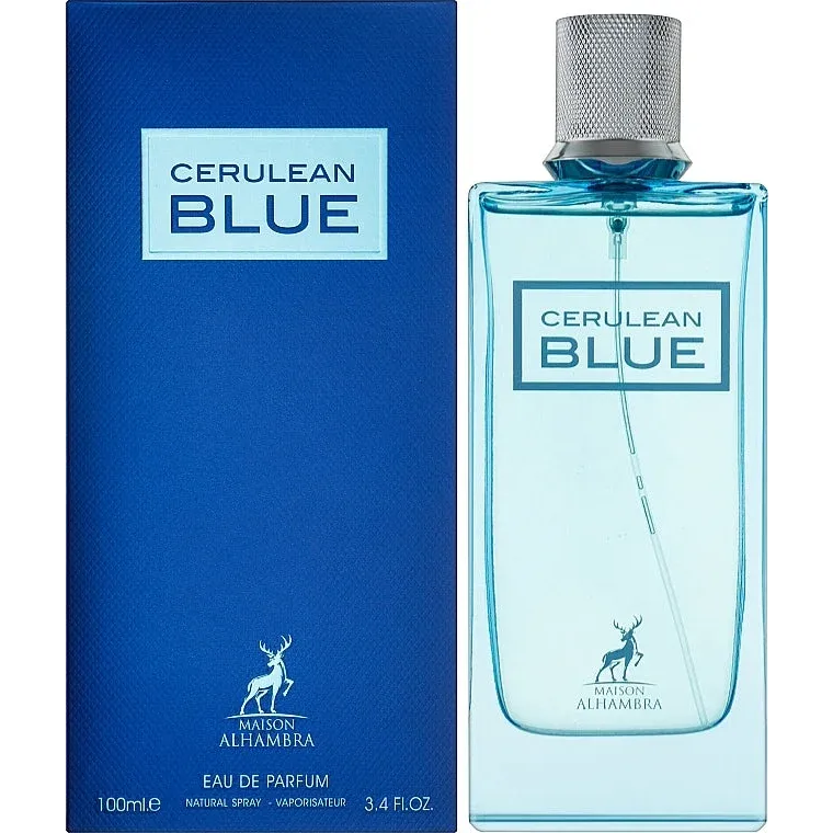 Blauwe parfumfles en doos met label Cerulean Blue van Alhambra EDP