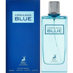 Blauwe parfumfles en doos met label Cerulean Blue van Alhambra EDP