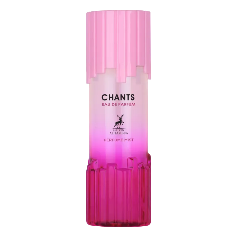 Roze gradient body mist fles met geribbelde, doorschijnende body en bijpassende dop van chants body mist