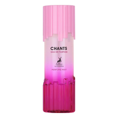 Roze gradient body mist fles met geribbelde, doorschijnende body en bijpassende dop van chants body mist