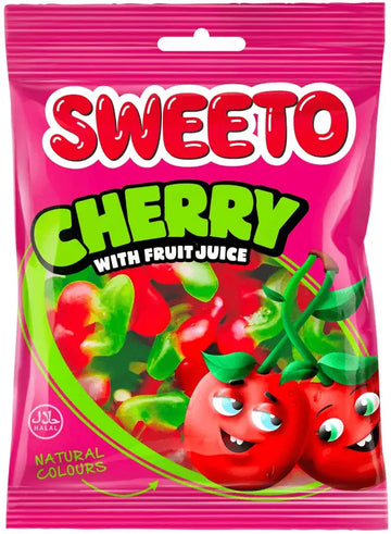 Een levendige roze zak sweeto cherry snoep met rode en groene doorzichtige fruitvormige halal snoepjes 80g