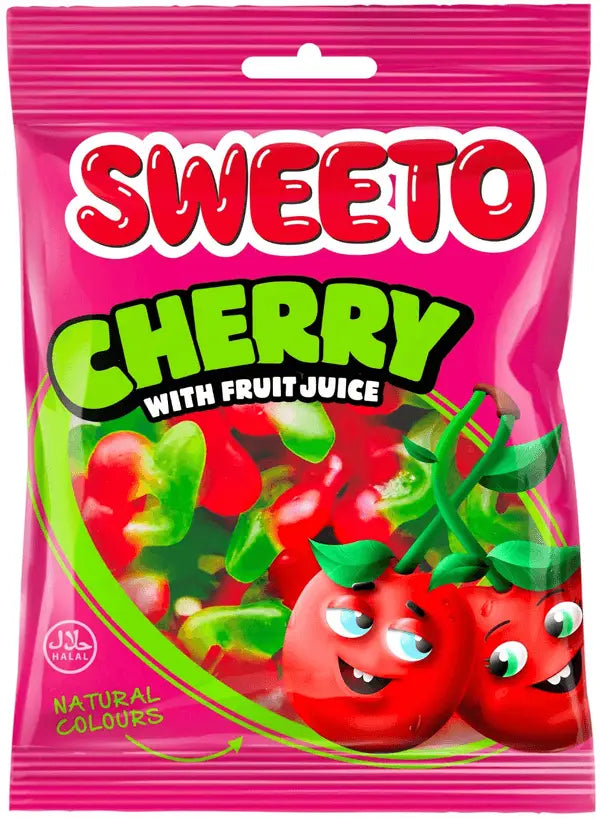 Een levendige roze zak sweeto cherry snoep met rode en groene doorzichtige fruitvormige halal snoepjes 80g