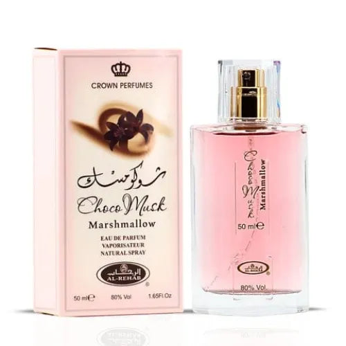 Roze parfumflesje met bijpassende verpakking voor Chocomusk Marshmallow Al-Rehab 50 ml