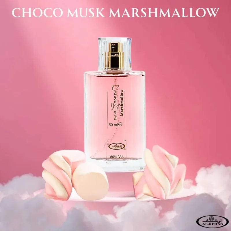 Transparante parfumfles met roze vloeistof en gouden dop voor Chocomusk Marshmallow Al-Rehab