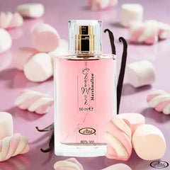 Roze parfumfles met gouden spray en doorzichtige dop voor Chocomusk Marshmallow Al-Rehab 50 ml