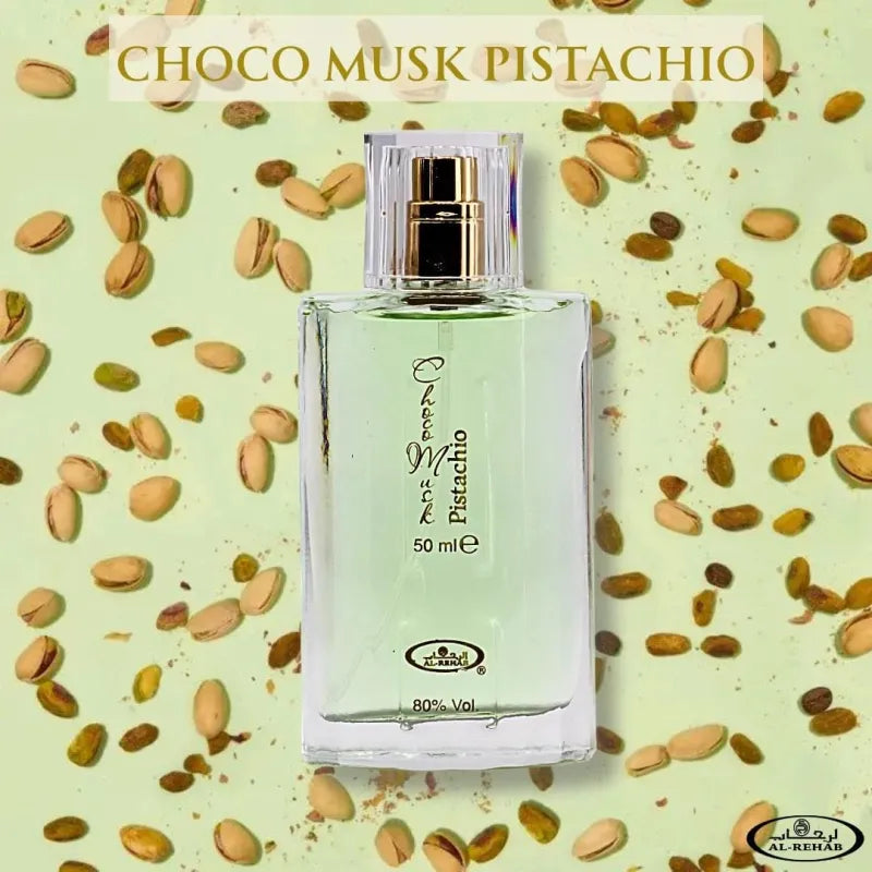 Transparante parfumfles met gouden spraytop en lichtgroene vloeistof voor Chocomusk Pistachio Al-Rehab 50 ml