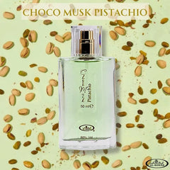 Transparante parfumfles met gouden spraytop en lichtgroene vloeistof voor Chocomusk Pistachio Al-Rehab 50 ml