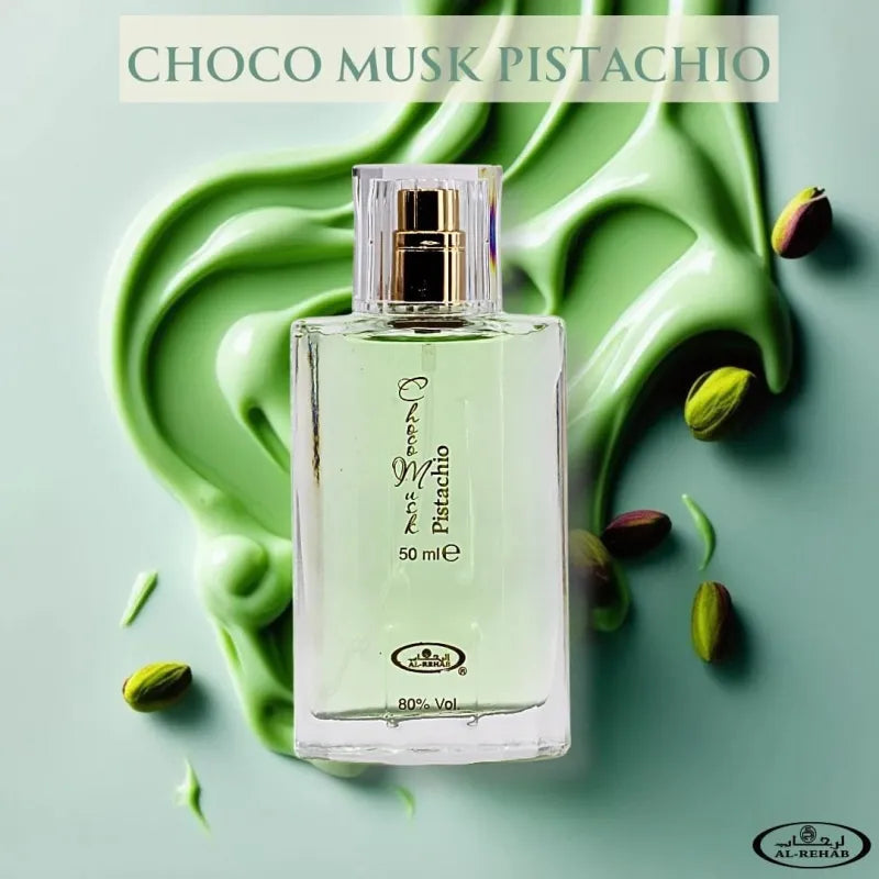 Transparante parfumfles met gouden spray en lichtgroene vloeistof voor Chocomusk Pistachio