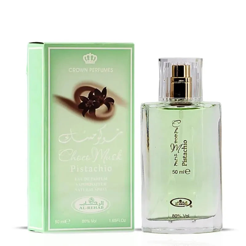 Lichtgroene Choco Musk Pistachio parfumfles en bijpassend doosje Al-Rehab 50 ml