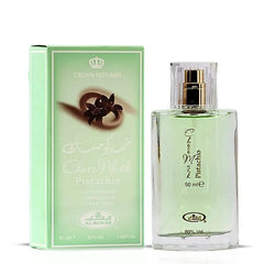 Lichtgroene Choco Musk Pistachio parfumfles en bijpassend doosje Al-Rehab 50 ml
