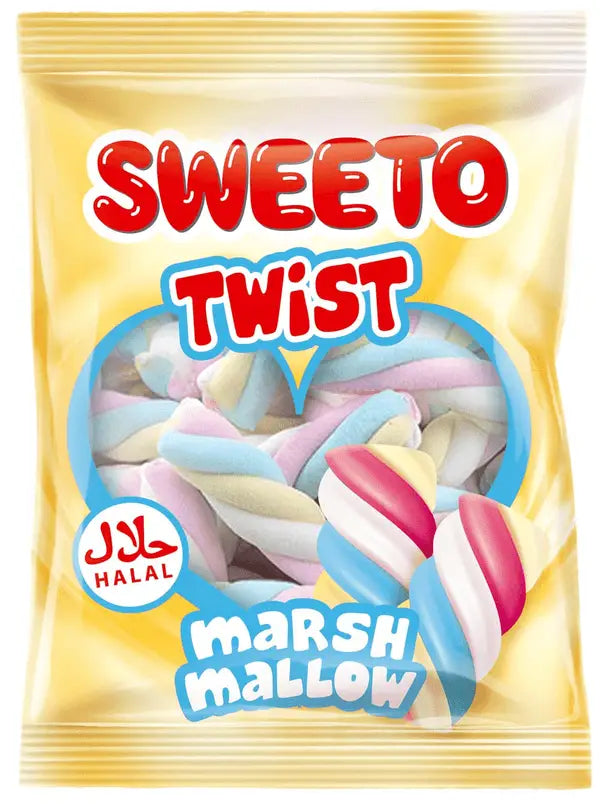 Een vrolijke gele verpakking van sweeto twist halal marshmallows met kleurrijke gedraaide snoepjes in roze blauw en wit