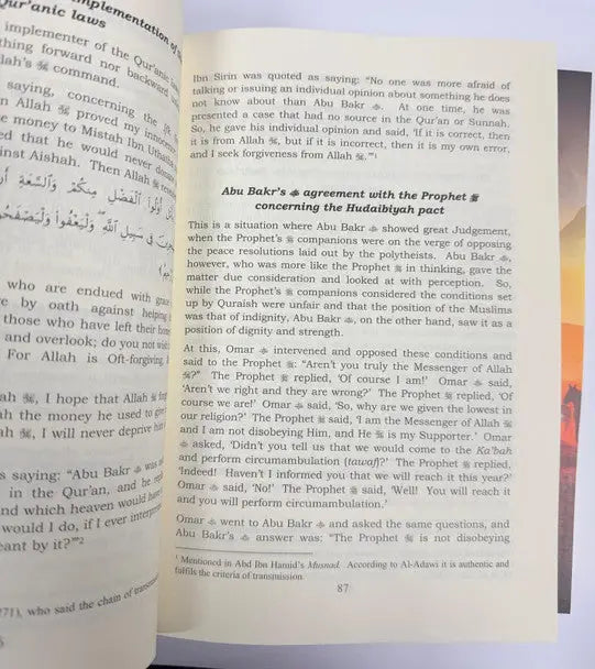 Open book with english and arabic text page 87 from companions of prophet muhammad pbuh 104 stories of the sahabah