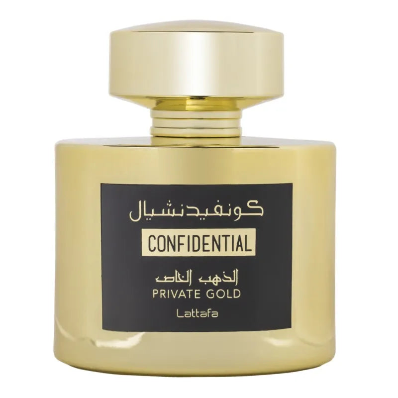 Gold parfumflesje van Lattafa Parfum Confidential Private Gold, luxe parfumaccessoire