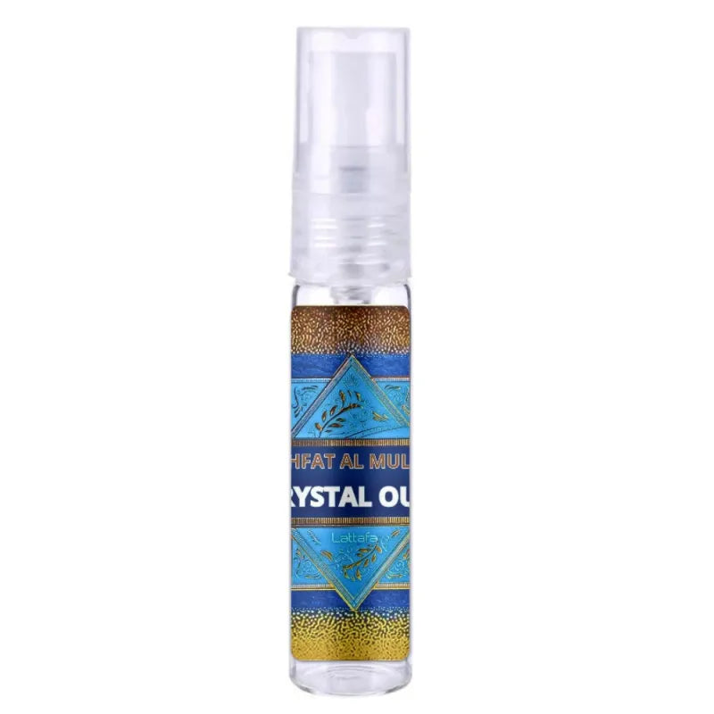 Kristal Oud EDP 100 ML sprayfles met blauw en goud label, luxe parfum