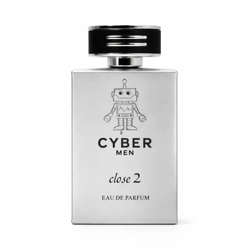 Zilverkleurige rechthoekige parfumfles met zwartzilveren dop en robotillustratie voor cyber men close 2 eau de parfum