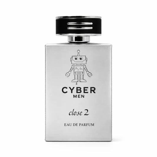 Zilverkleurige rechthoekige parfumfles met zwartzilveren dop en robotillustratie voor cyber men close 2 eau de parfum