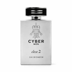 Zilverkleurige rechthoekige parfumfles met zwartzilveren dop en robotillustratie voor cyber men close 2 eau de parfum