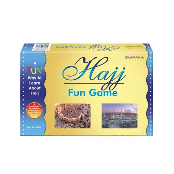 Hajj Fun Game box met blauw-geel ontwerp en afbeeldingen van heilige islamitische locaties