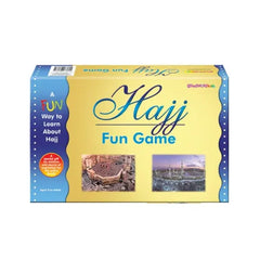 Hajj Fun Game box met blauw-geel ontwerp en afbeeldingen van heilige islamitische locaties