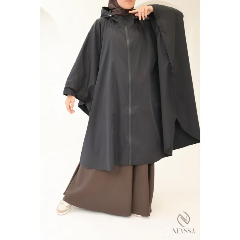 Zwarte dames poncho met capuchon en rits voor regenachtige dagen, Neyssa merk