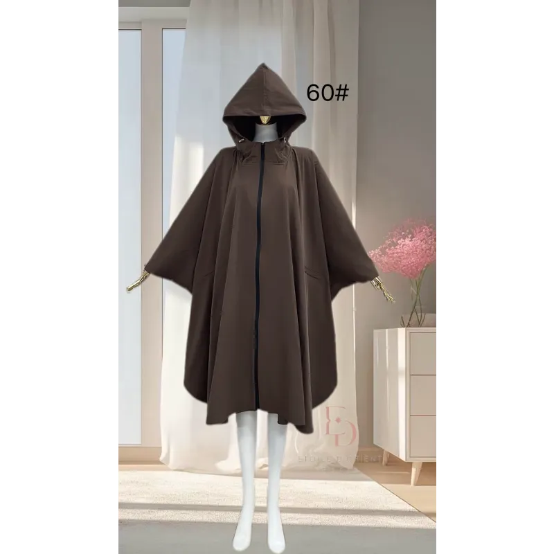 Bruine dames poncho met capuchon en trekkoorden, waterafstotend voor regenachtige dagen
