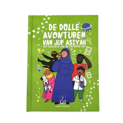 Groene kinderboekomslag met cartoonillustraties van een Muslim familie, Juf Asiyah