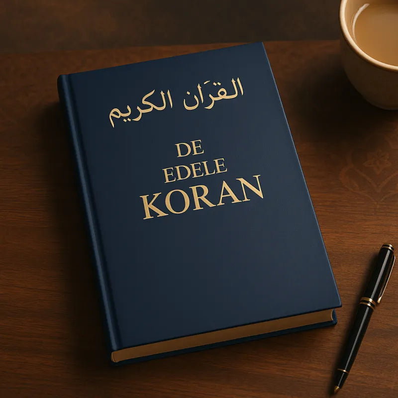 Blauw boek met goudlettering van De Edele Koran in het Nederlands en Arabisch naast elkaar