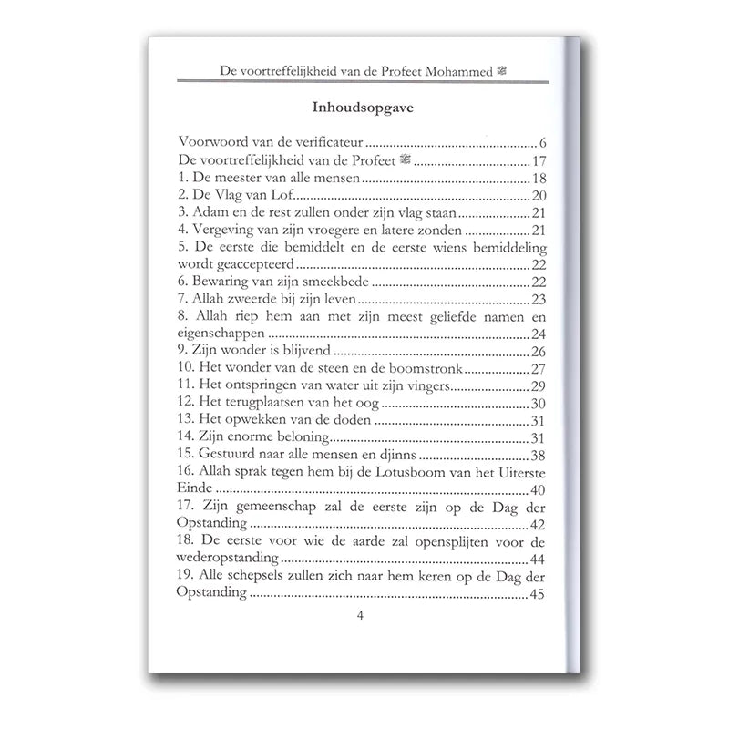 Pagina uit boek met inhoudsopgave over de verheven status van Profet Mohammed