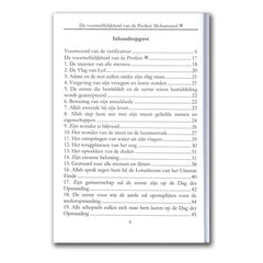 Pagina uit boek met inhoudsopgave over de verheven status van Profet Mohammed