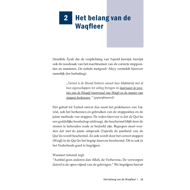 Pagina met Nederlandse tekst uit De Waqf volgens Hafs en Warsh, voor quran recitatie