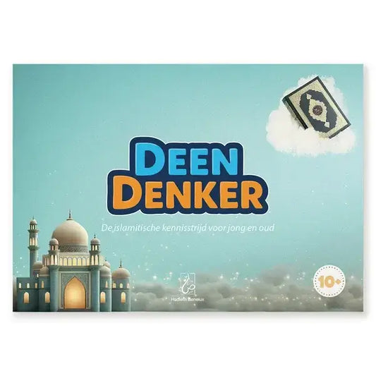 De boardgame doos voor deen denker heeft een lichtblauwe achtergrond met een geïllustreerde moskee en zwevende quran