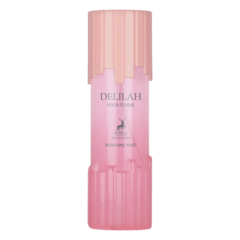 Roze cilindrische delilah body mist fles met matching dop en hertenlogo voor dames
