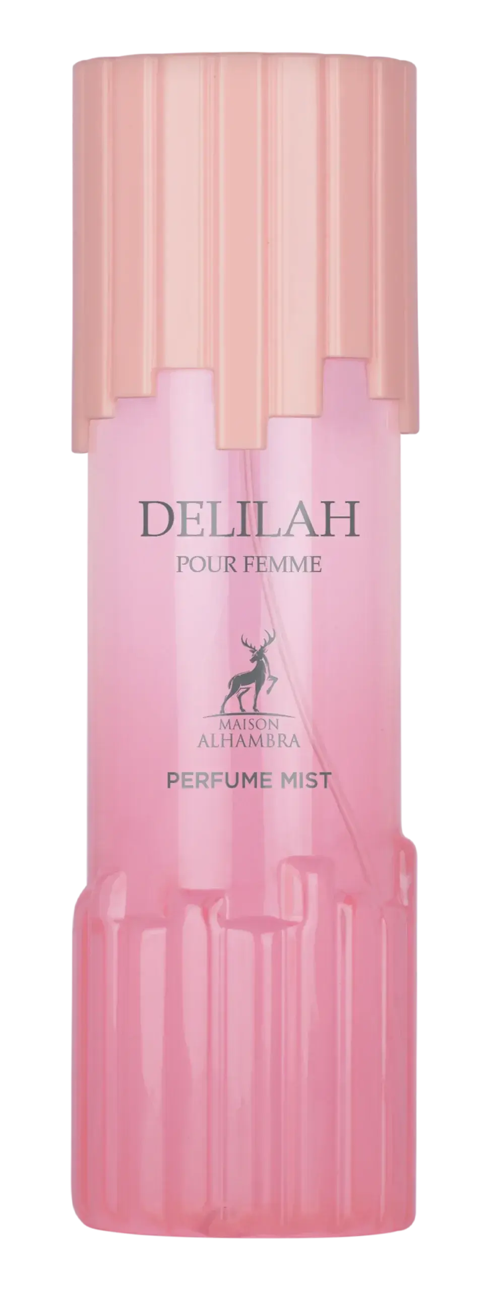 Roze cilindrische delilah body mist fles met matching dop en hertenlogo voor dames