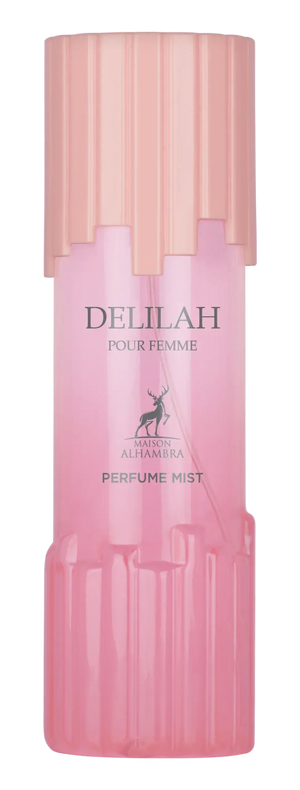 Roze cilindrische delilah body mist fles met matching dop en hertenlogo voor dames