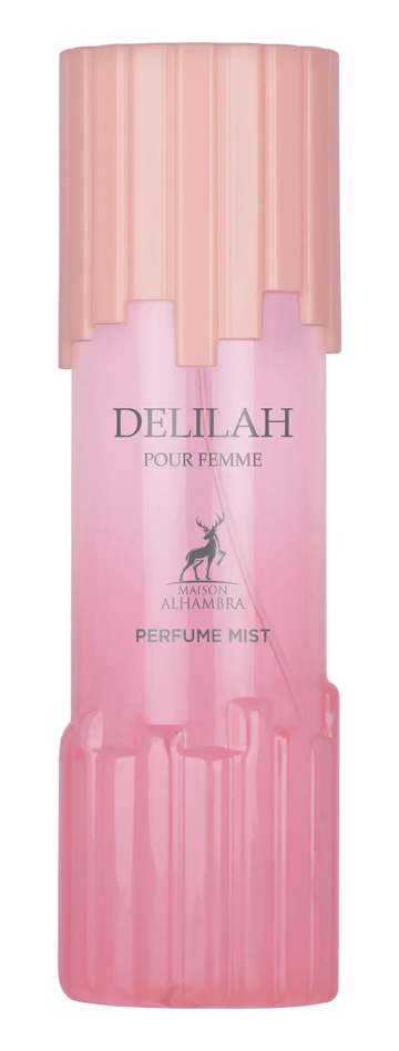 Roze cilindrische delilah body mist fles met matching dop en hertenlogo voor dames