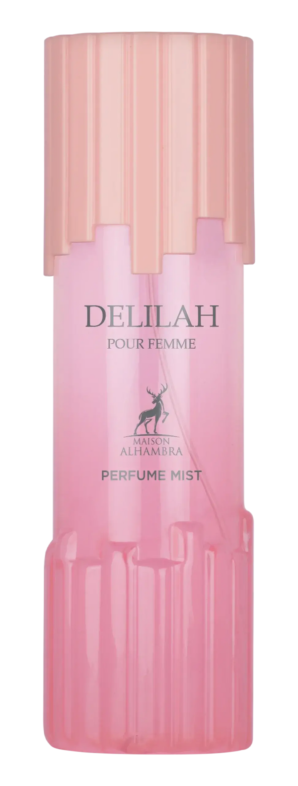 Roze cilindrische delilah body mist fles met matching dop en hertenlogo voor dames