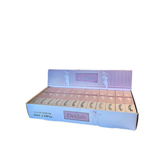 Lichtblauwe Delilah EDP 35 ml doos met paars-beige strepen en label