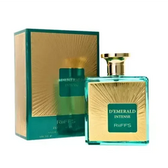 Emerald groene en gouden parfumfles en bijpassende doos van D’Emerald Intense met warme hout- geur