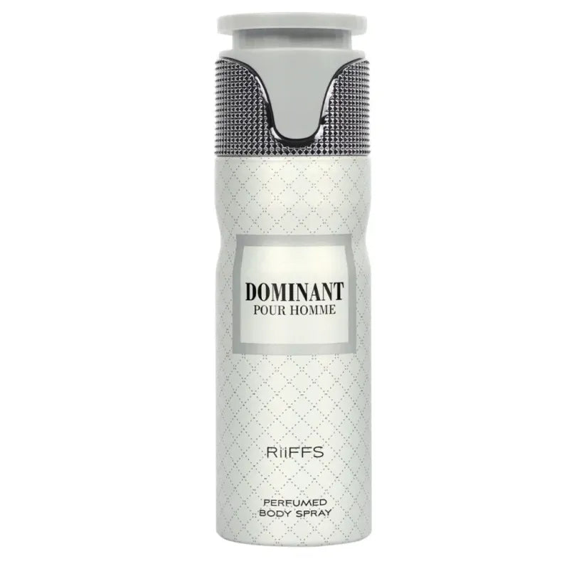 Deodorant Dominant spray can met witte en grijze body spray en textuur bovenkant