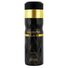 Deodorant Magnetic Black met zwarte en gouden parfum spray voor een frisse geur