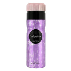 Deodorant Magnificent Riffs met paarse en zwarte body spray en roze dop