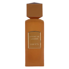 Bruine parfumfles met gouden label voor Desert de Sahara parfumproduct