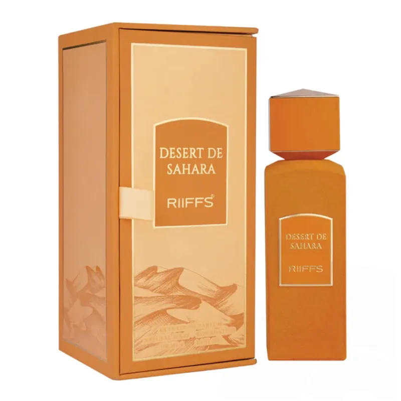 Oranje parfumfles en doos voor Desert de Sahara parfumproduct