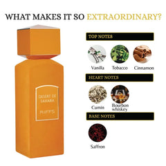 Oranje parfumfles met gouden dop en label voor Desert de Sahara parfum