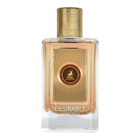 Een rechthoekige glazen parfumfles met amberkleurige inhoud en een gouden textuurdop van malon alhambra, model desirable addiction