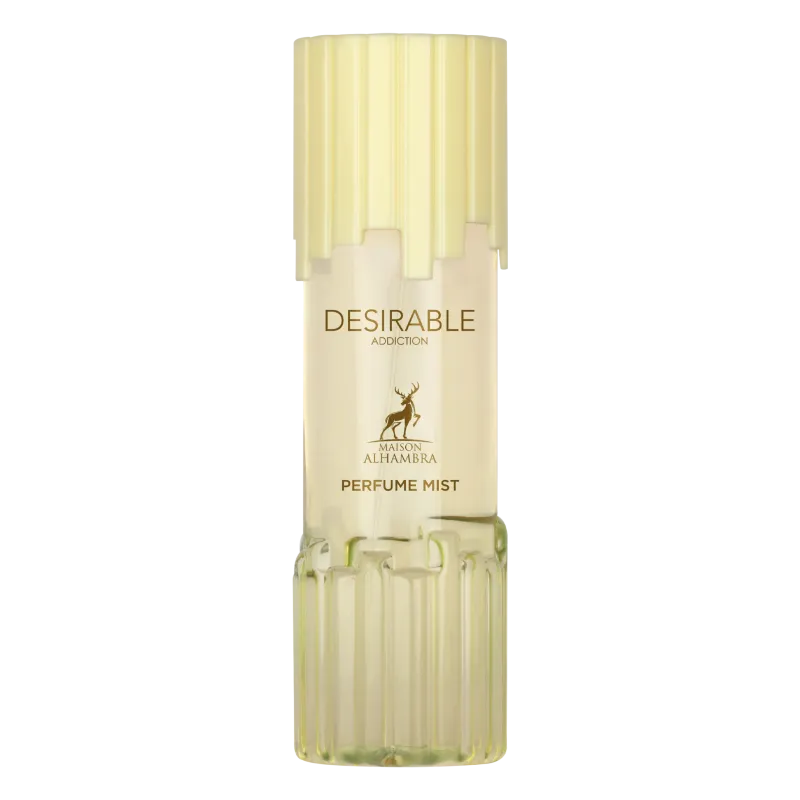 Een slanke, doorschijnende glazen fles met geribbelde textuur en lichtgele dop, labeled desirable addiction body mist