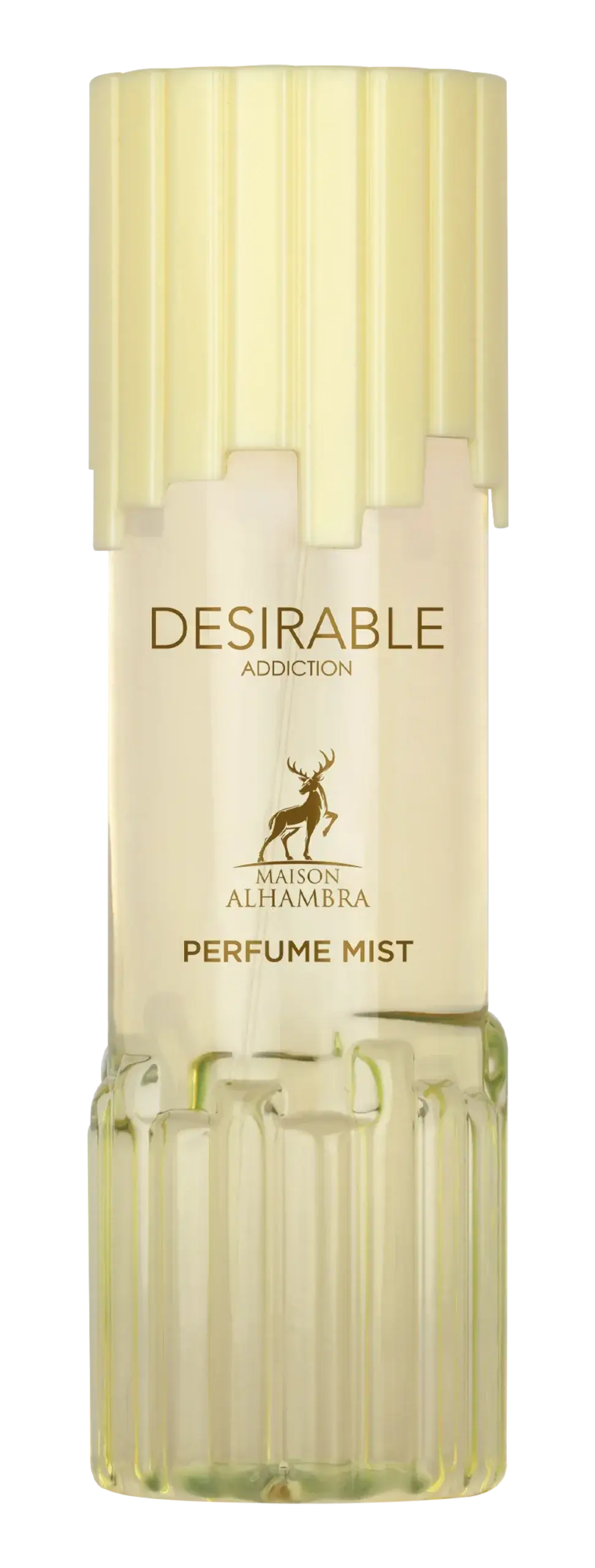Een slanke, doorschijnende glazen fles met geribbelde textuur en lichtgele dop, labeled desirable addiction body mist