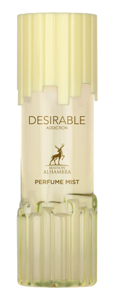 Een slanke, doorschijnende glazen fles met geribbelde textuur en lichtgele dop, labeled desirable addiction body mist