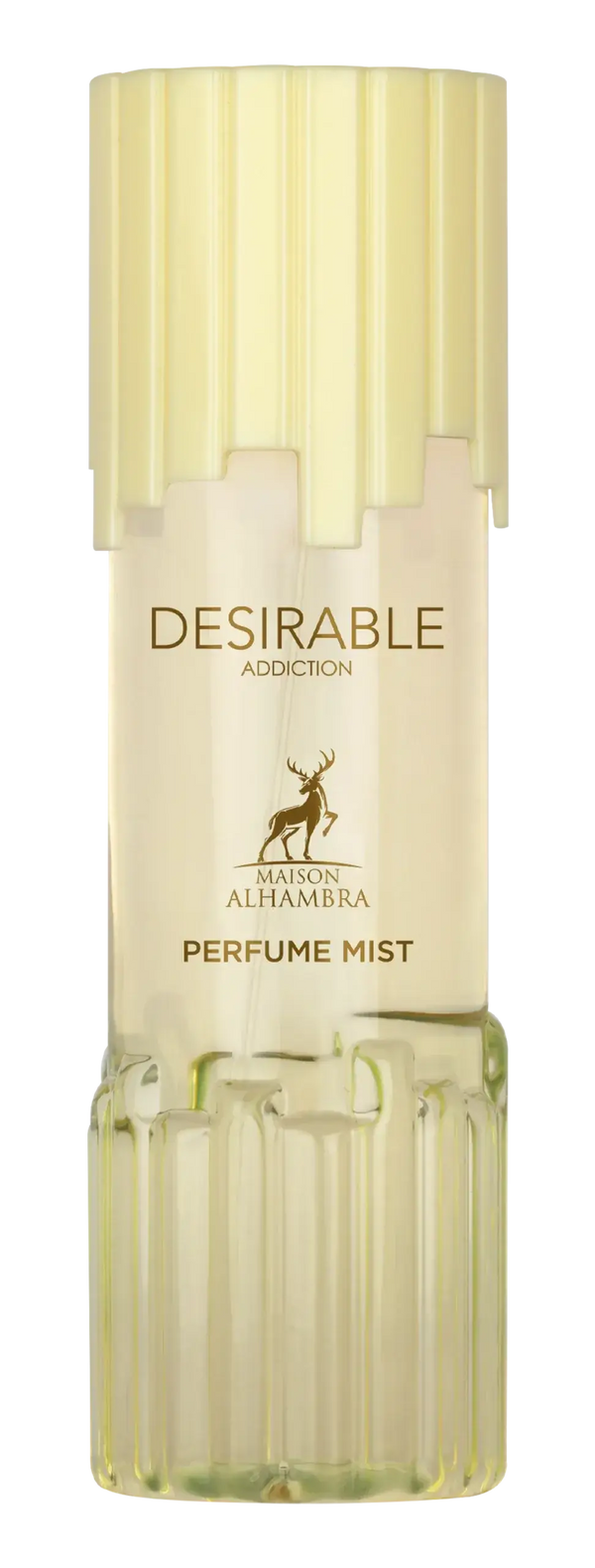 Een slanke, doorschijnende glazen fles met geribbelde textuur en lichtgele dop, labeled desirable addiction body mist